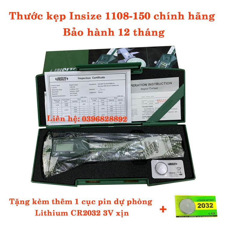 Thước cặp điện tử INSIZE 150mm 1108-150 - Bảo hành 12 tháng - Tặng kèm thêm 1 cục pin Lithium xịn