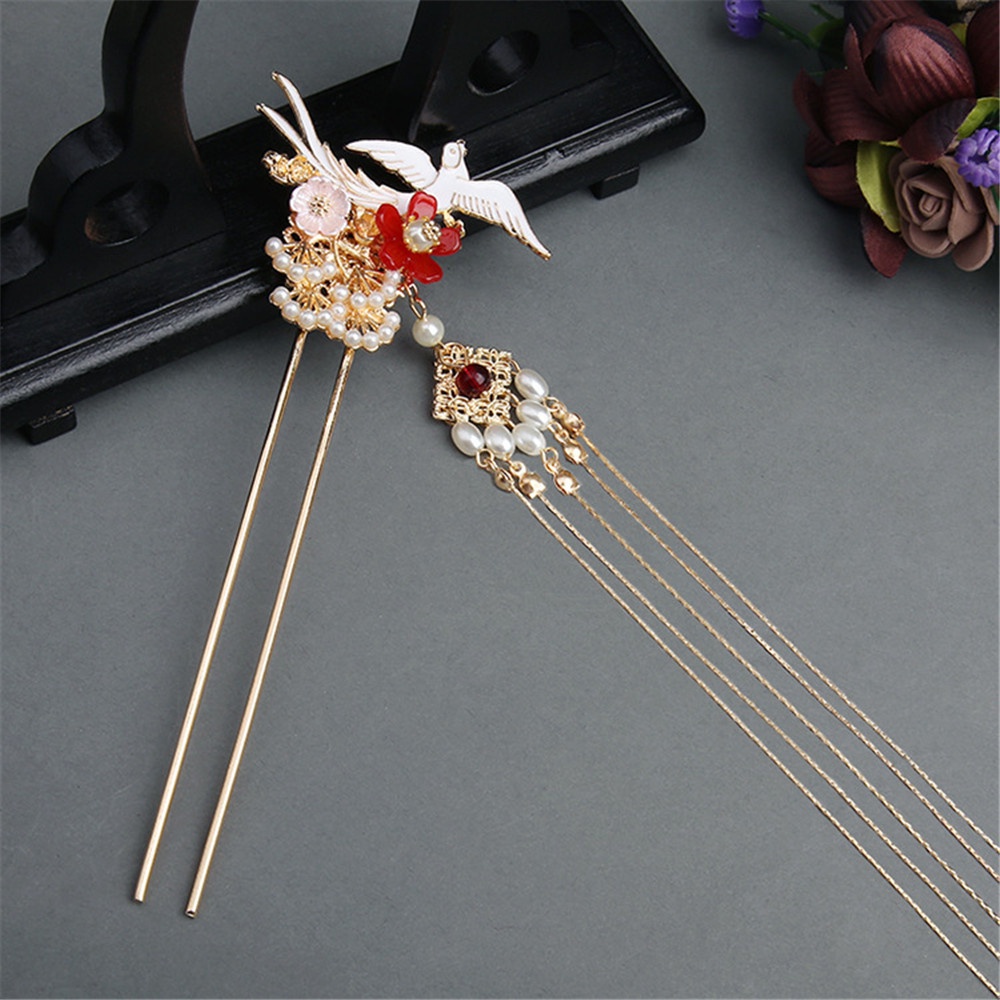 Trâm Cài Tóc Dáng Dài Đính Hoa Và Ngọc Trai Nhân Tạo Thời Trang