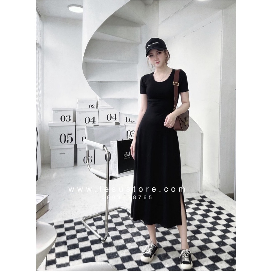 Đầm thun tay con xòe ngắn đen cổ tròn ôm body tôn dáng xẻ tà đùi hở giản dị ulzzang Hàn Quốc nữ đi dạo đơn