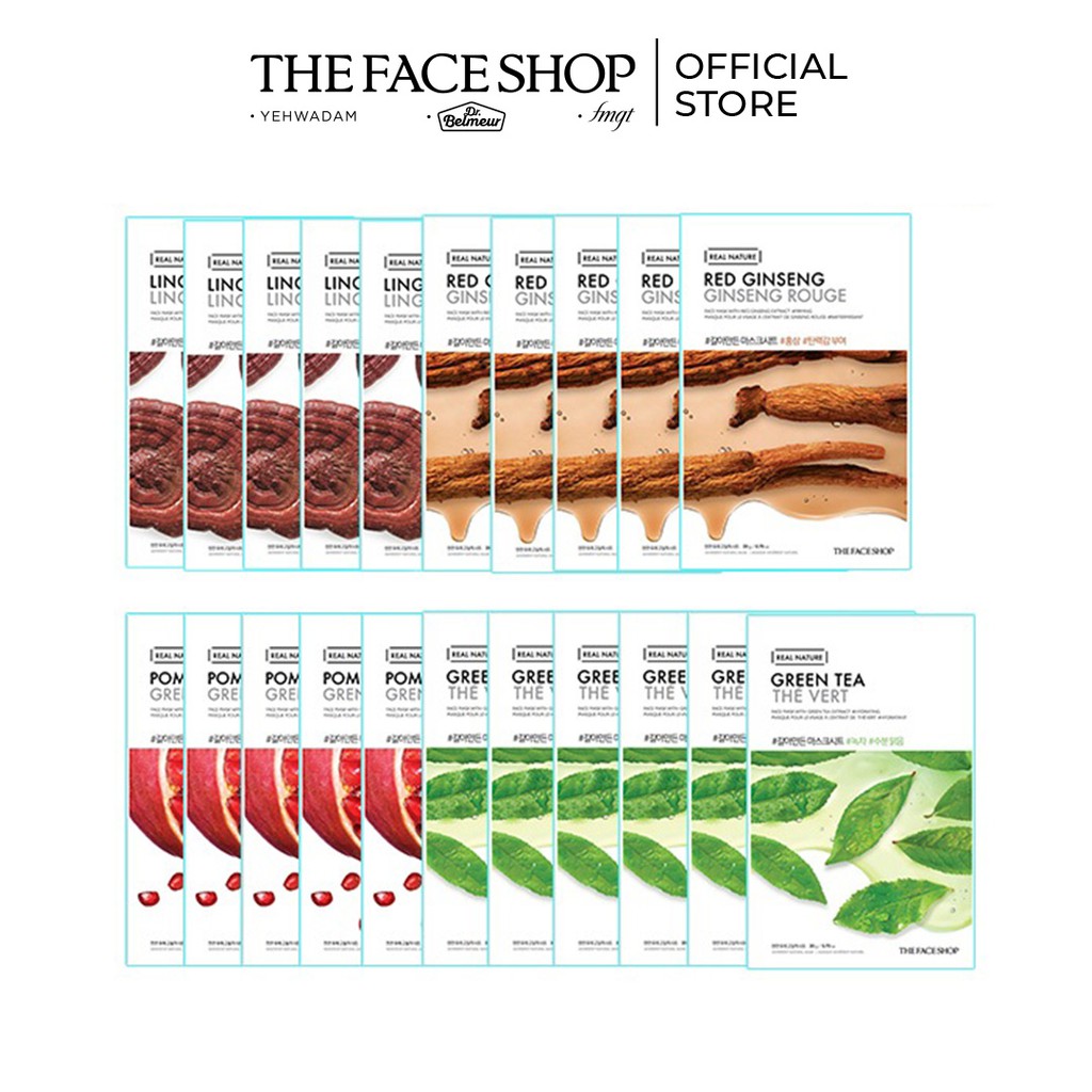 Combo Mặt Nạ Real Nature TheFaceShop (Lingzhi- Red Ginseng- Pomegranate-Green Tea)20G X 21Pcs giakhanh