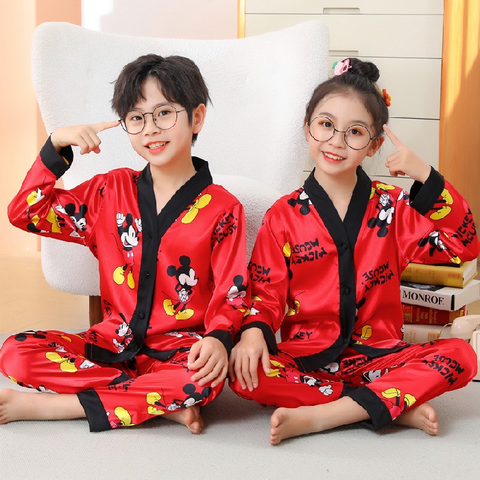 Bộ Đồ Ngủ Tay Dài Chất Lụa In Họa Tiết Dễ Thương Cho Bé