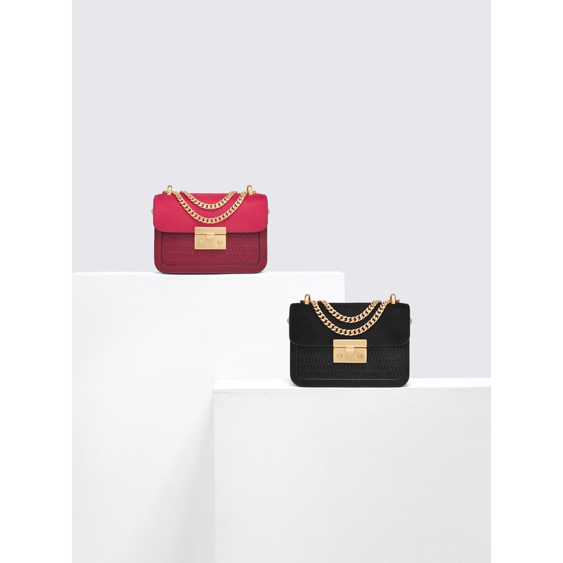 Charles and KEITH CK2-80700798 Túi Xách Dáng Vuông Nhỏ Kẻ Sọc Ca Rô Phối Dây Xích Cá Tính Cho Nữ