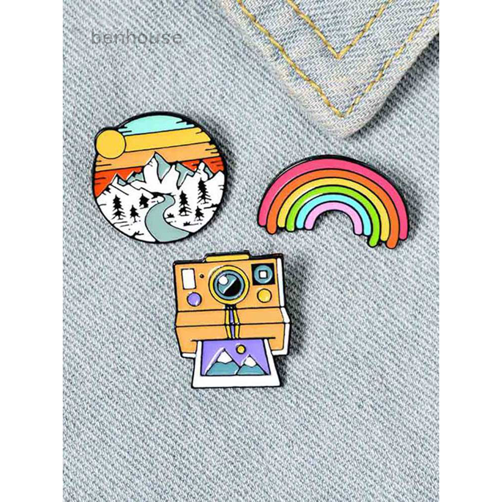 Ghim cài áo trang trí hình dạng cầu vồng/máy ảnh polaroid/họa tiết mặt trời lặn phong cách hoạt hình