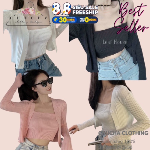 Set áo khoác Gân mỏng Cardigan kèm áo 2 dây( Video thật),Set Áo Hai Dây + Áo Khoác Cardigan Màu Trơn Thời Tran