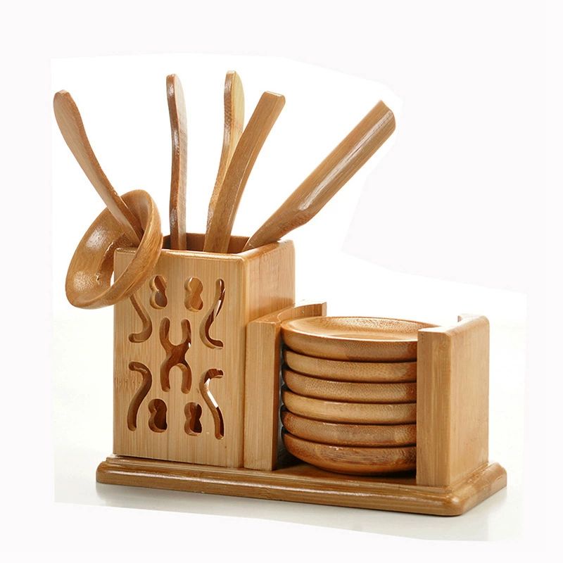 Combo bộ dụng cụ pha trà,6 miếng lót ly chén kèm hộp đựng chất liệu gỗ tre sang trọng