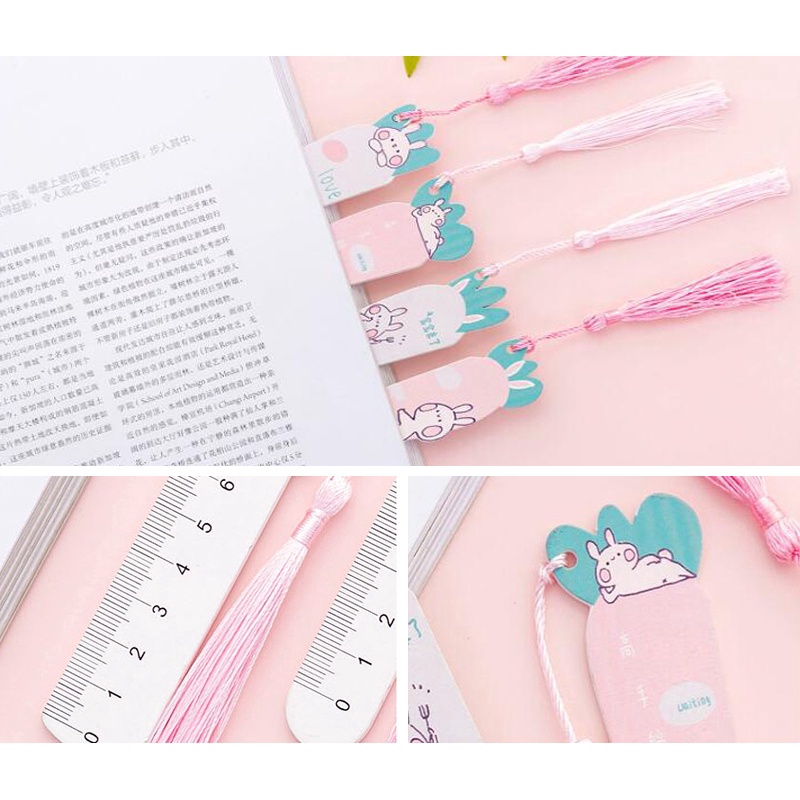 Thẻ Đánh Dấu Trang Sách Bằng Gỗ Đính Tua Rua Hình Thỏ Hoạt Hình 7Cm