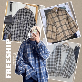 A026 Áo sơ mi kẻ caro tay bồng oversize nam nữ Áo chống nắng khoác ngoài đen trắng unisex dáng rộng hè thu dài tay phồng