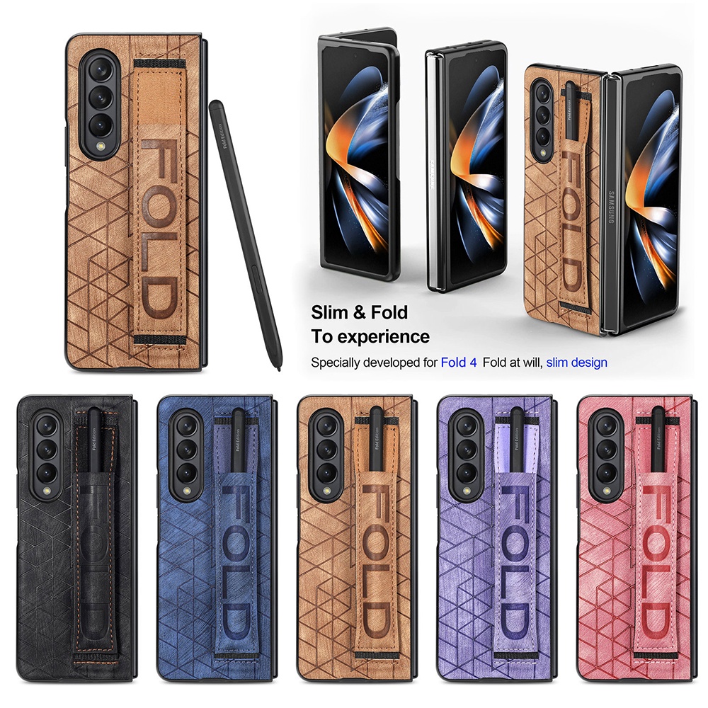 For Samsung Z Fold 4 5G Pen Slot Leather Case Wriststrap Shockproof Cover