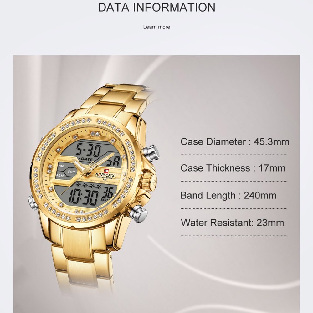 Naviforce Đồng Hồ Quartz Điện Tử Đính Pha Lê Hai Mặt Chất Liệu Thép Không Gỉ Chống Thấm Nước