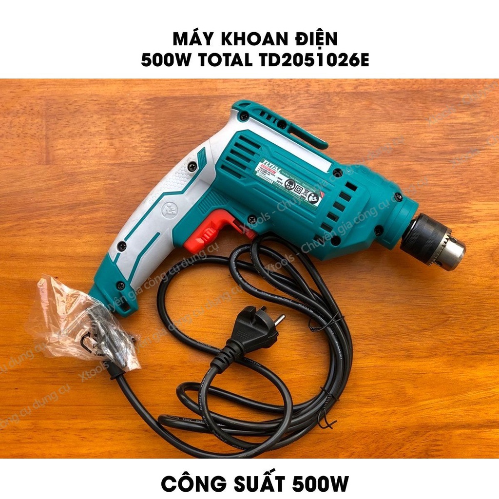 Máy khoan cầm tay TOTAL TD2051026E công suất 500w, tốc độ 3300rpm, khả năng khoan 1.0-10mm, có chỉnh tốc độ, điện áp 220