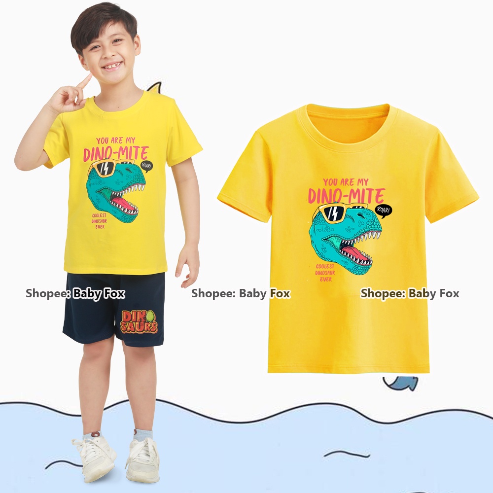 Áo thun bé trai 100% cotton loại tốt, thương hiệu BABY FOX, hình khủng long, size nhỏ, trung, đại  b
