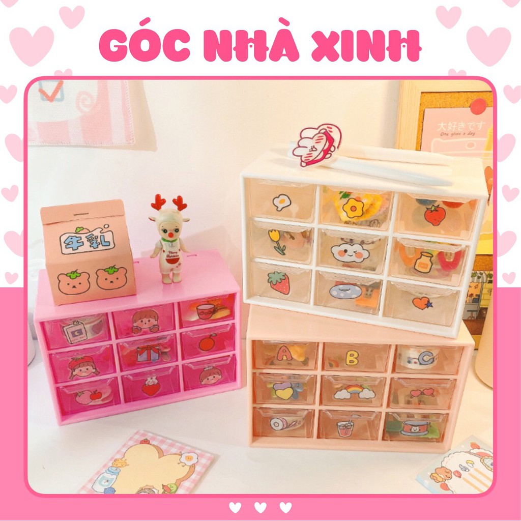 Tủ Nhựa Mini, Hộp Đựng 9 Ngăn Để Bàn Nhỏ Gọn, Xinh Xắn Tặng Kèm Sticker