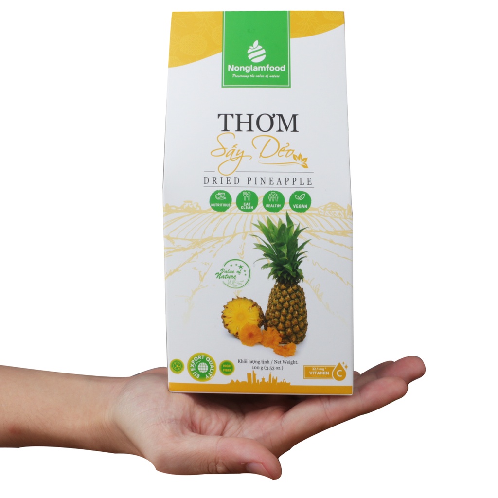 Thơm sấy dẻo ít đường thượng hạng Nonglamfood hộp100g | Ăn vặt tốt cho sức khỏe | Healthy Snack