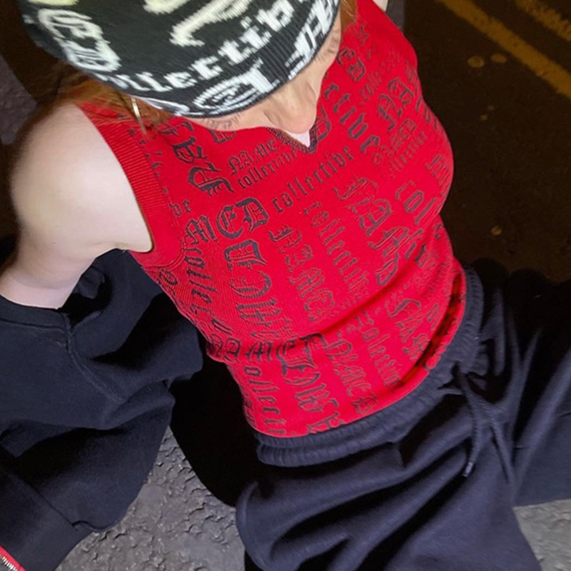 Áo Crop Top Không Tay Cổ Chữ V In Chữ Phong Cách Harajuku Thập Niên 90 Cho Nữ
