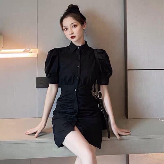 Váy dự tiệc kiểu sơ mi tay bồng thanh lịch sang trọng mùa hè học sinh quảng châu qua đùi