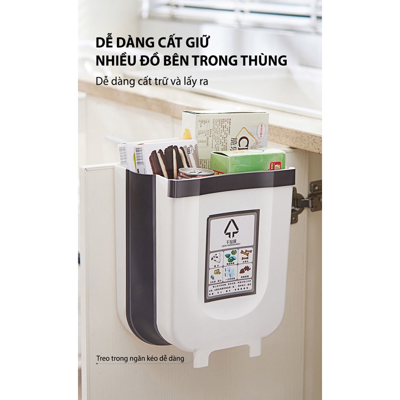Thùng rác gấp gọn thông minh, thùng rác treo cánh tủ có thanh gạt tiện lợi (Màu nâu)