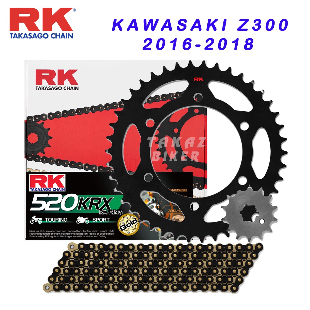 RK CHAIN - NHÔNG SÊN DĨA KAWASAKI Z300 - SÊN KRX X-RING VÀNG ĐEN (BLACK/GOLD) 2016 ĐẾN 2018