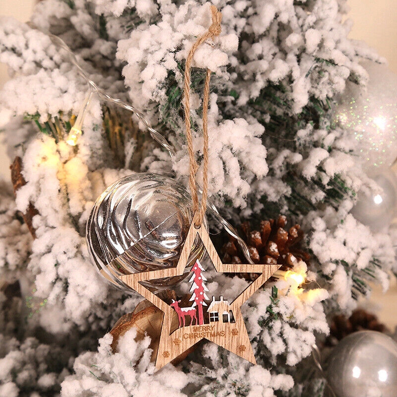 Bộ 6 phụ kiện gỗ họa tiết rỗng treo cây thông trang trí lễ giáng sinh