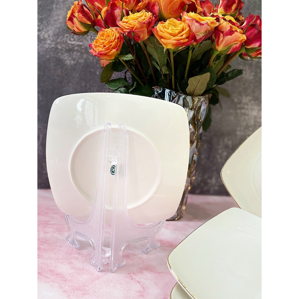 Đĩa Vuông Ảo Viền Vàng 12K Minh Châu Chính Hãng, Dĩa Vuông Viền Vàng Cao Cấp Size 18,4cm