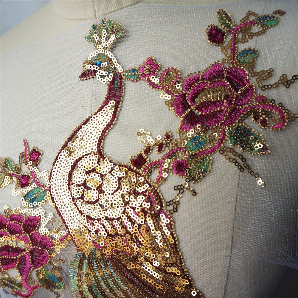 Miếng Vải Ren Thêu Hình Chim Công Đính Kim Sa Cầu Vồng Dùng Trang Trí Cổ Áo Cưới