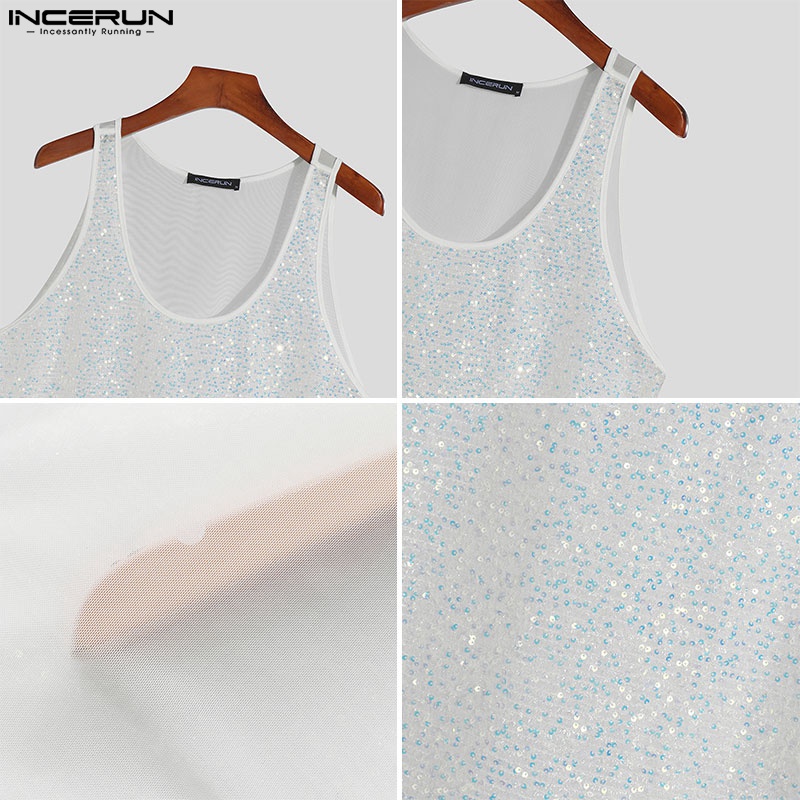 Áo ba lỗ Incerun thiết kế xuyên thấu đính kim sa trẻ trung dành cho nam