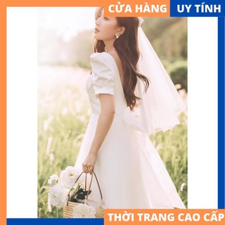 Đầm trắng tay bồng nơ lưng phối lưới xinh như cô dâu - Cindy dress [HÀNG CAO CẤP]
