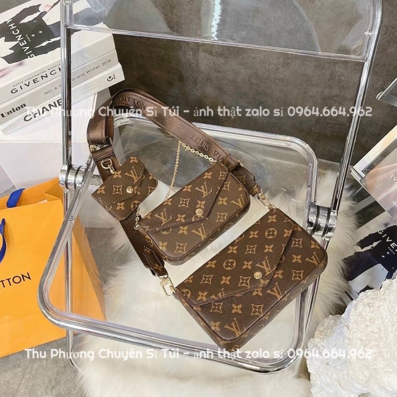 Sét túi 3 món đeo chéo, đeo vai nâu logo in hàng đẹp, chất da cao cấp (hàng chuẩn hình)