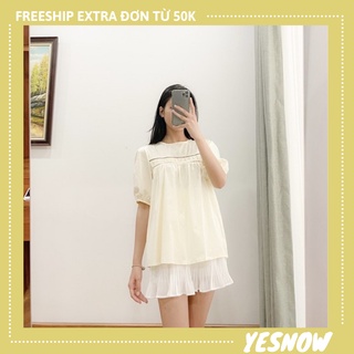 Áo babydoll tay bồng áo tiểu thư hai hàng ren 2 màu be, trắng siêu xinh