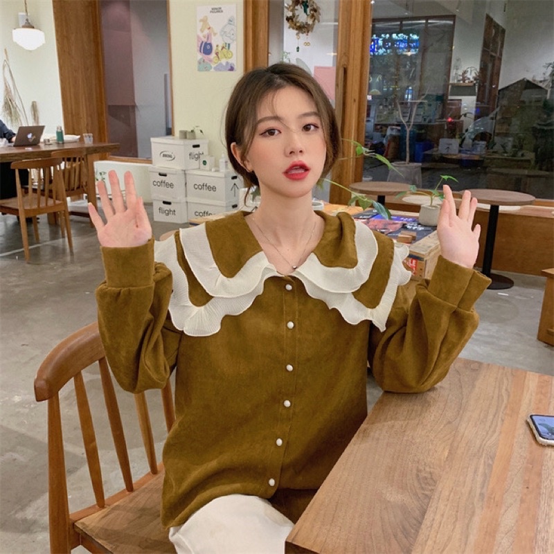 Áo sơmi nữ cổ bèo viền ren nữ tính vải cao cấp dày phù hợp đầu thu đông❤️ | BigBuy360 - bigbuy360.vn