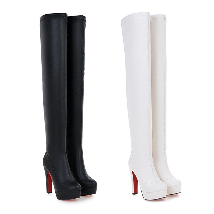 Giày boot nữ cổ cao ngang đùi chất da PU  gót vuông 12cm ÔM CHÂN 2 màu ĐEN/ TRẮNG GCC115