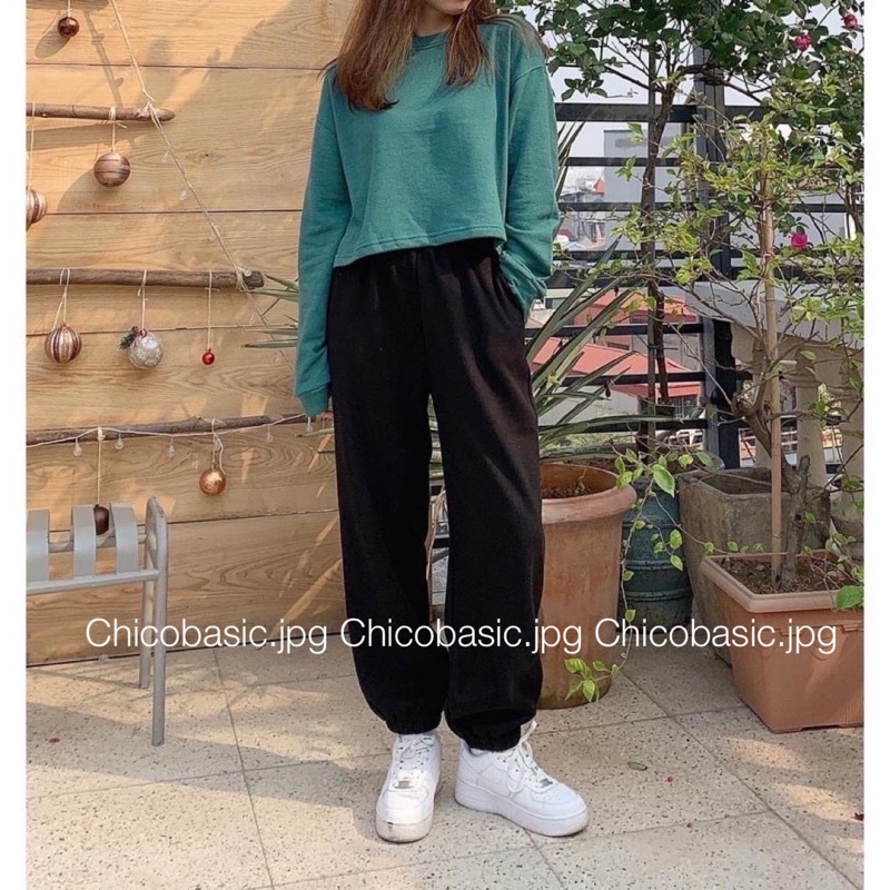 Quần nỉ jogger nữ ống rộng bo gấu nhung tăm mịn cá tính, Quần jogger nữ ống rộng bo gấu chất nỉ nhung tăm dày dặn