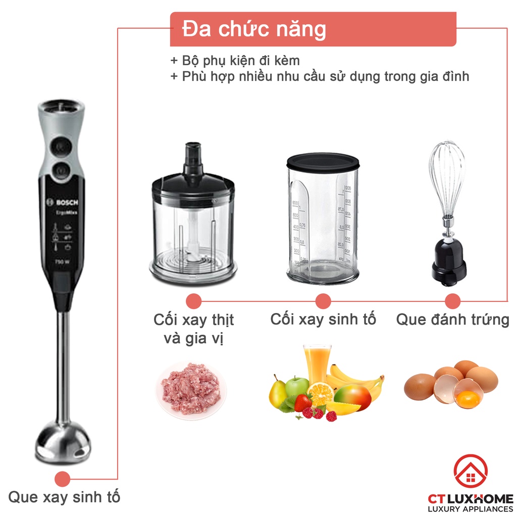 Máy xay thực phẩm cầm tay Bosch MSM67160 12 cấp độ, 750W, 220V, 50/60Hz, Kèm cây đánh trứng