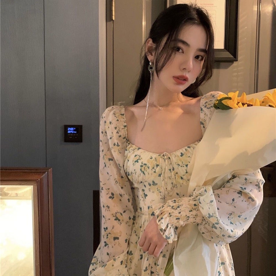 Đầm voan hoạ tiết hoa cổ vuông dài tay thời trang Pháp quý phái nữ tính thanh lịch