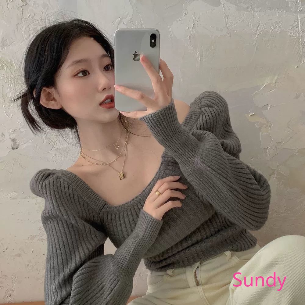 Áo Sweater Dệt Kim Cổ Vuông Tay Phồng Kiểu Retro Pháp Thời Trang Thu Đông Cho Nữ