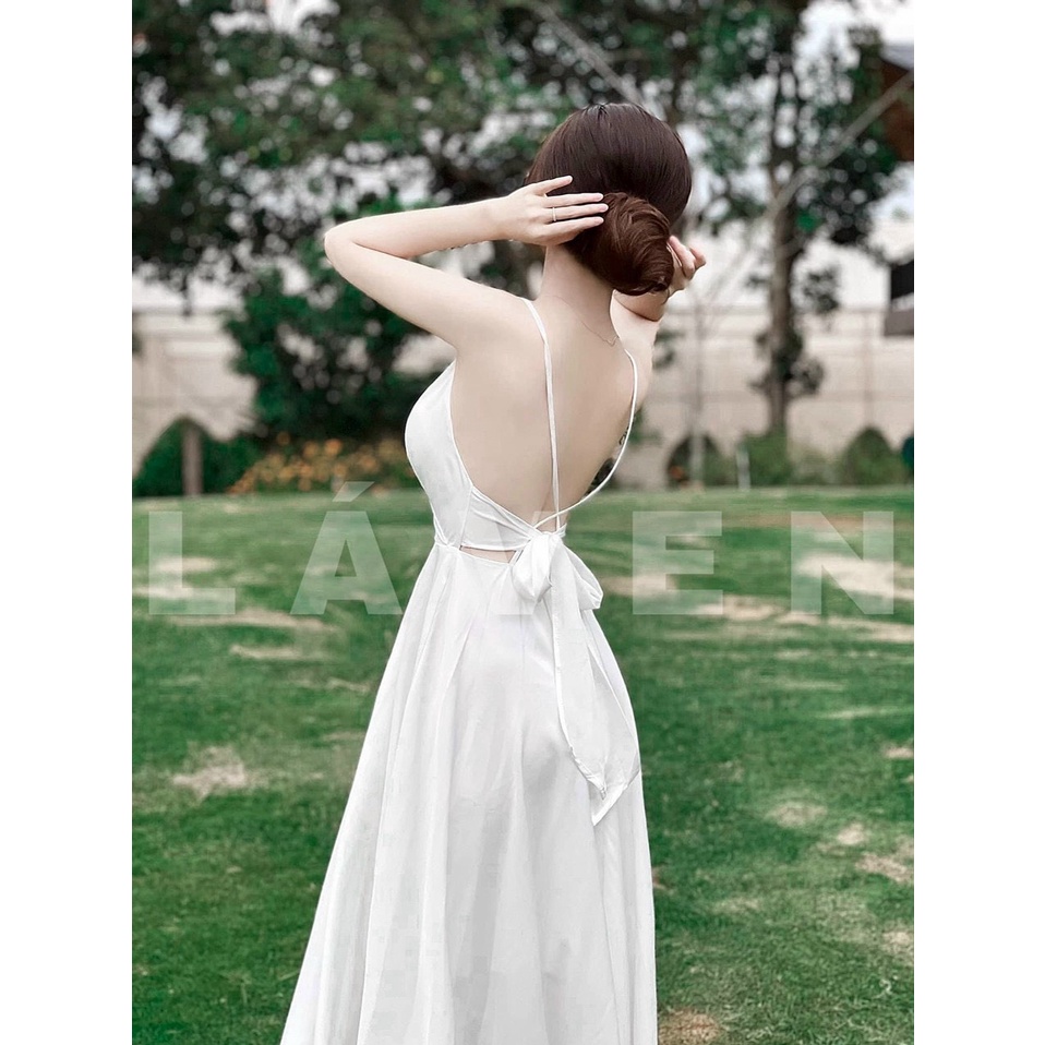 Đầm Lụa Trắng Maxi Công Chúa Cổ Tích 2 Dây Đan Chéo Dáng Xoè Có Mút Ngực Siêu Đẹp