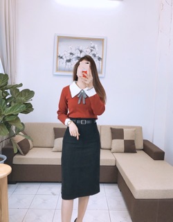Áo len cổ sơ mi kèm nơ