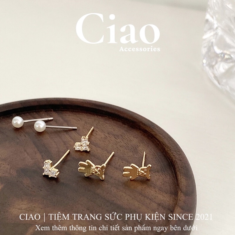 [HOẢ TỐC 1H] Set 3 khuyên tai/ bông tai mạ bạc S925 thiết kế xinh xắn đính đá charm gấu Mimim Ciao