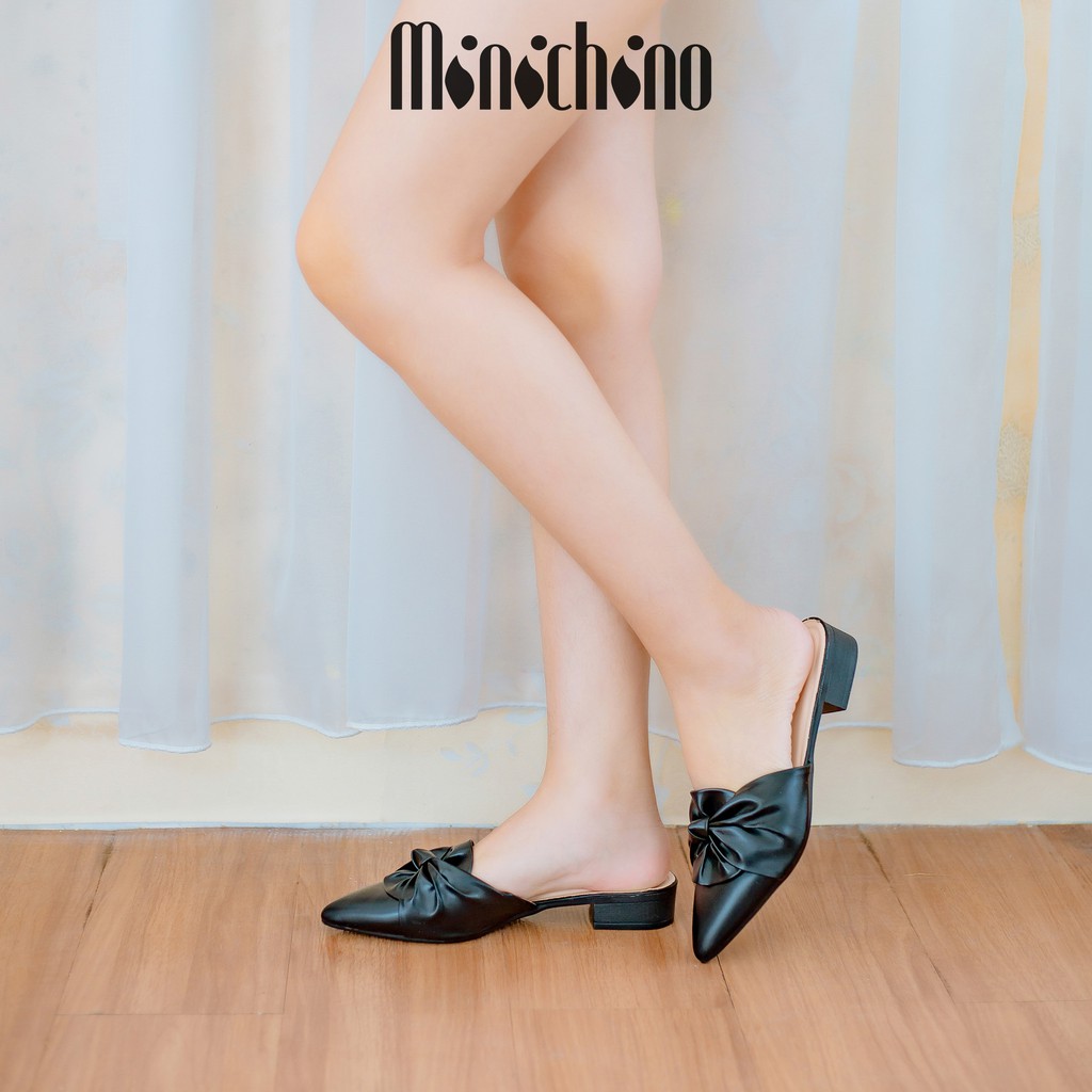 Giày sục nữ gót cao 3cm MINICHINO xoắn nơ mũi nhọn thời trang hở gót màu đen TC019 | BigBuy360 - bigbuy360.vn