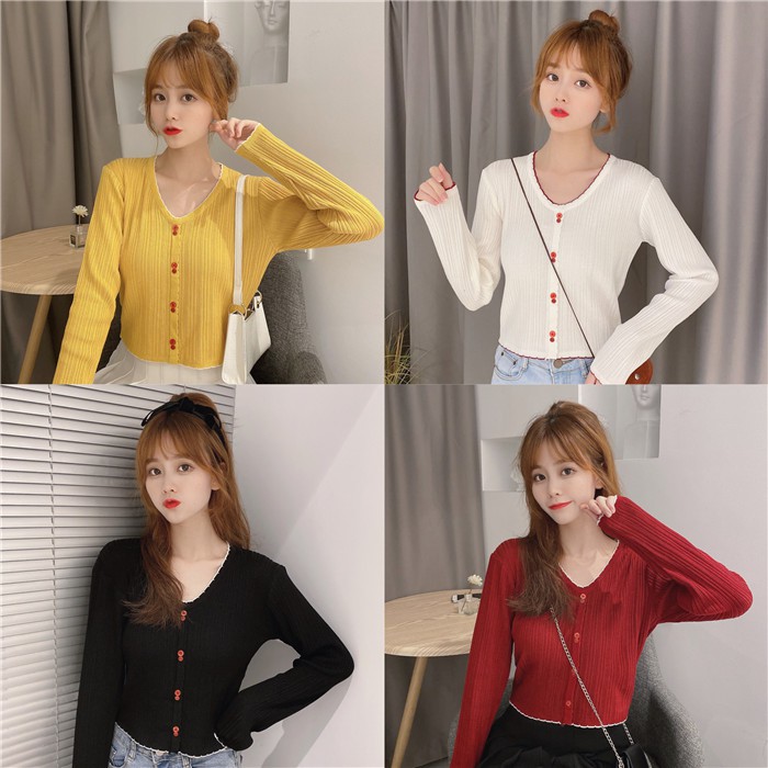 Áo dệt kim dài tay cổ tim phong cách Hàn Quốc thanh lịch dành cho nữ | BigBuy360 - bigbuy360.vn