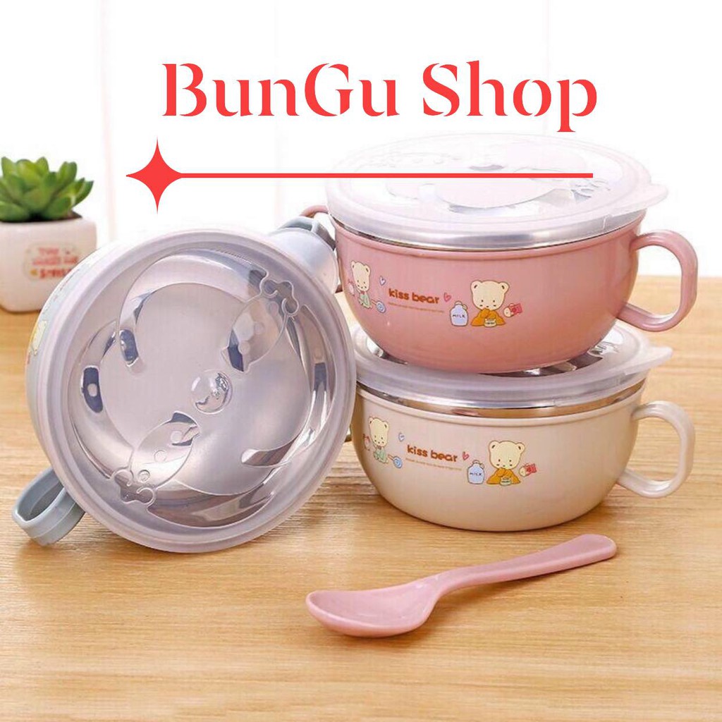 ⚡FREESHIP⚡ Bát ăn dặm, Tô ăn cơm inox giữ nhiệt cho bé có nắp đậy kèm thìa cho bé Bungu Shop