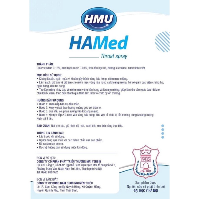 [CHÍNH HÃNG] Xịt họng HMU HaMed Đại học Y Hà Nội giảm đau rát họng, nhiễm khuẩn họng