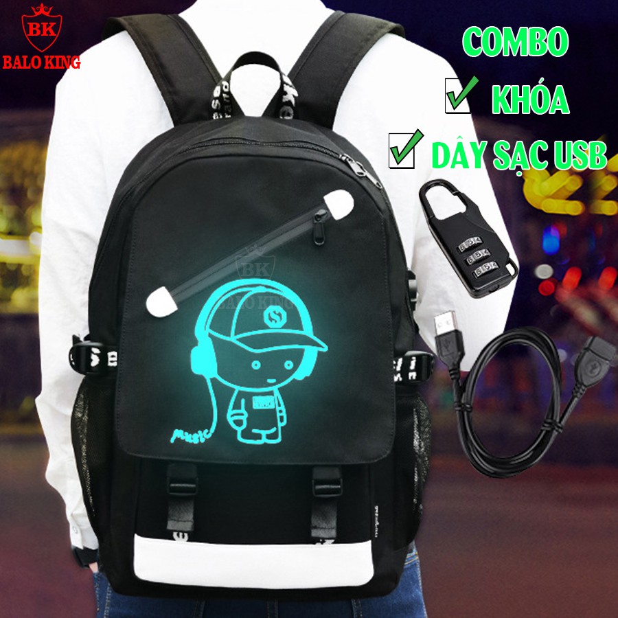 Combo balo phát sáng dạ quang Baloking + Dây cáp sạc USB xịn + Khóa số thông minh siêu HOT