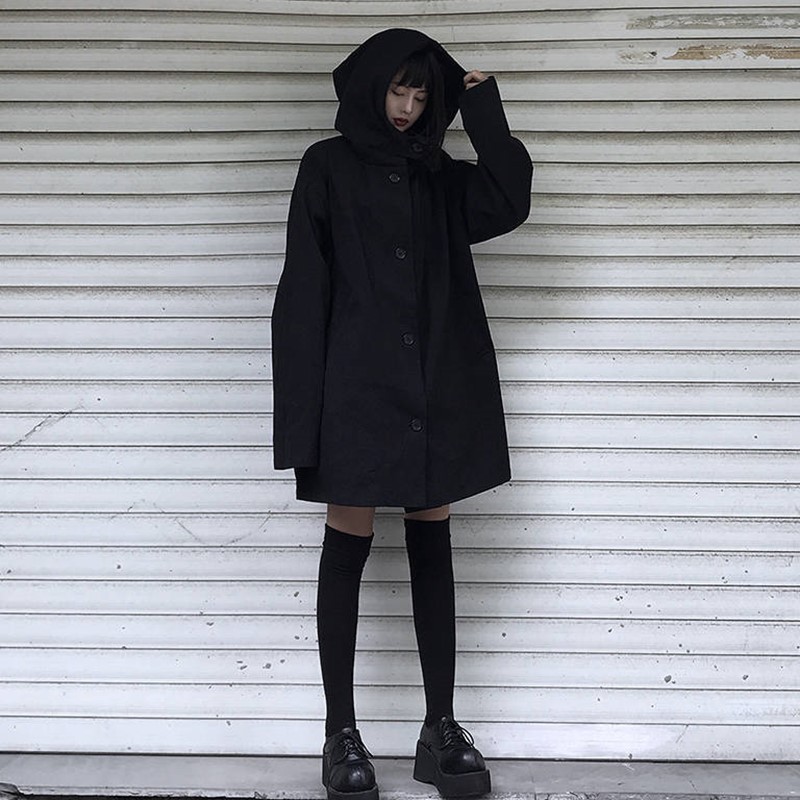 Áo khoác nữ màu đen tay dài có nón có cúc áo kiểu dài ulzzang