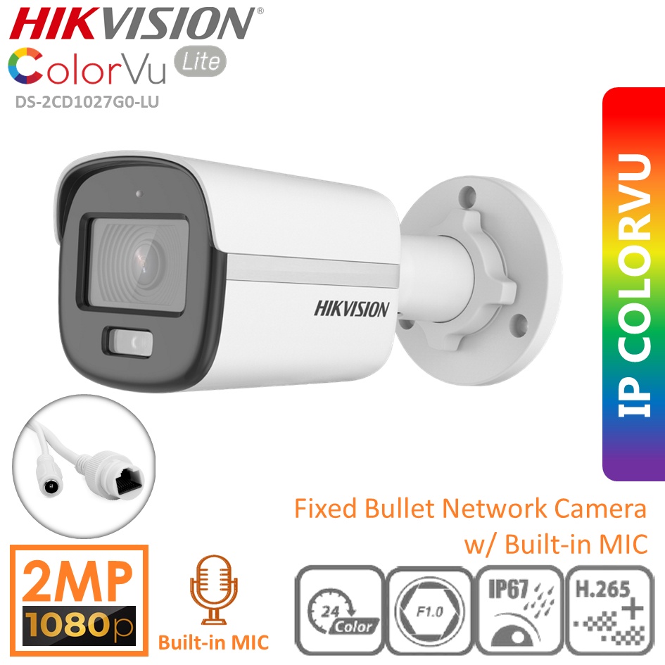 Camera IP HIKVISION DS-2CD1027G0-LU Colorvu Lite 2MP Thân Tích Hợp Mic - Hàng Chính Hãng bảo hành 24 tháng