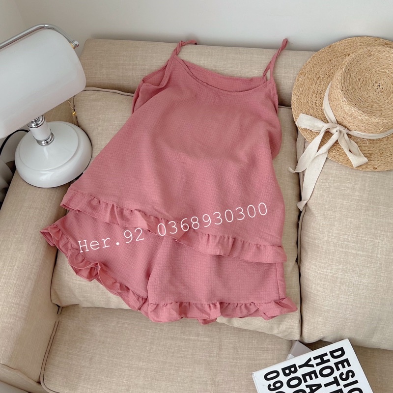 Bộ đũi hai dây mặc nhà viền bèo trơn Đồ ngủ xinh siêu mát mùa hè