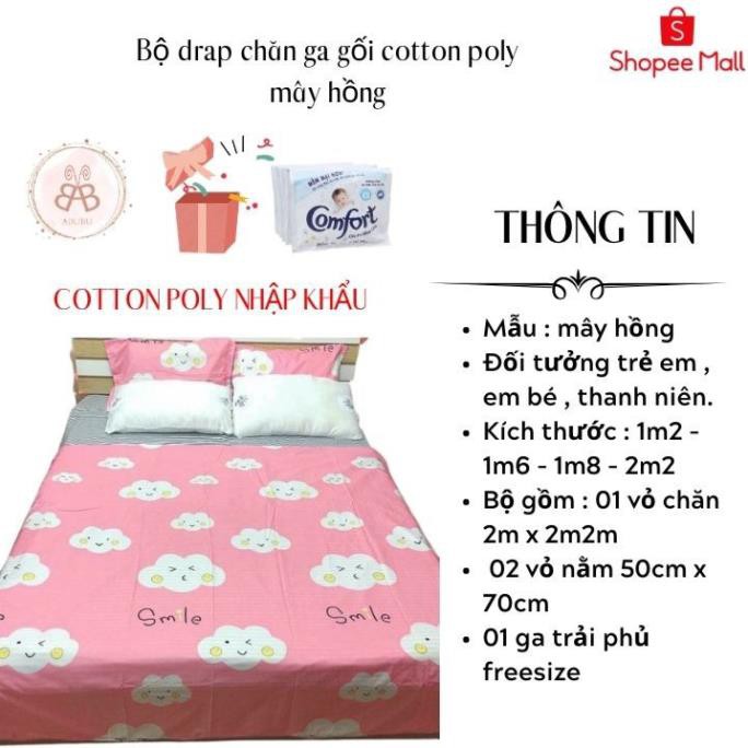 Bộ drap chăn ga gối Cotton poly Mây Hồng ABUBU phong cách Hàn Quốc họa tiết đủ size 1M2 - 2M2 Abubu Official