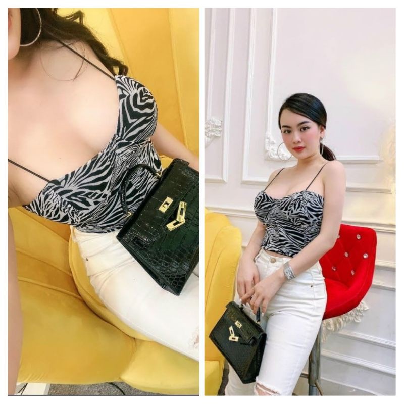 Áo croptop hai dây bún có mút ngực họa tiết vằn hàng y hình kèm ảnh thật chính chủ ( free sire từ 40-53kg)