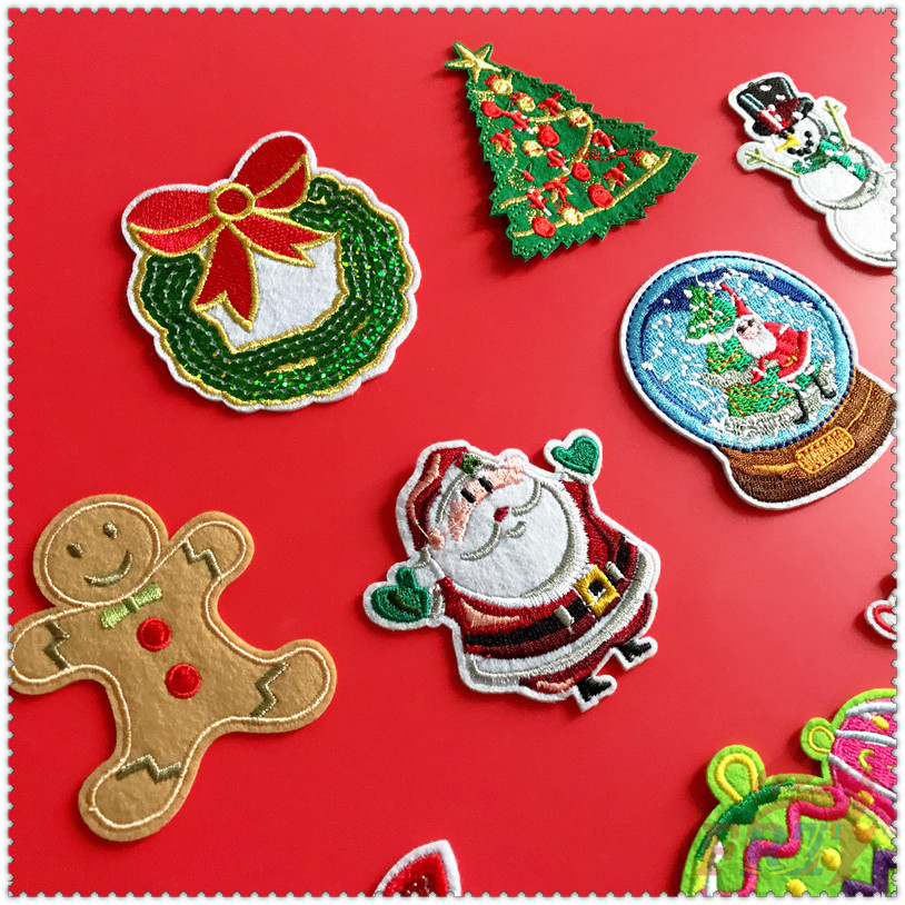 ✿ Giáng sinh vui vẻ!Miếng Dán Ủi Lên Quần Áo ✿ Sticker Ủi Thêu Hình Ông Già Noel / Cây Thông / Bánh Gừng / Người Tuyết 1 Cái