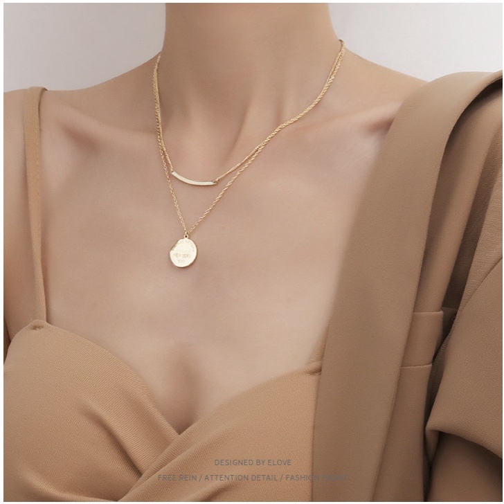 Dây chuyền hai lớp bằng thép titan mạ vàng 18k mặt hình tròn phẳng đơn giản thời trang
