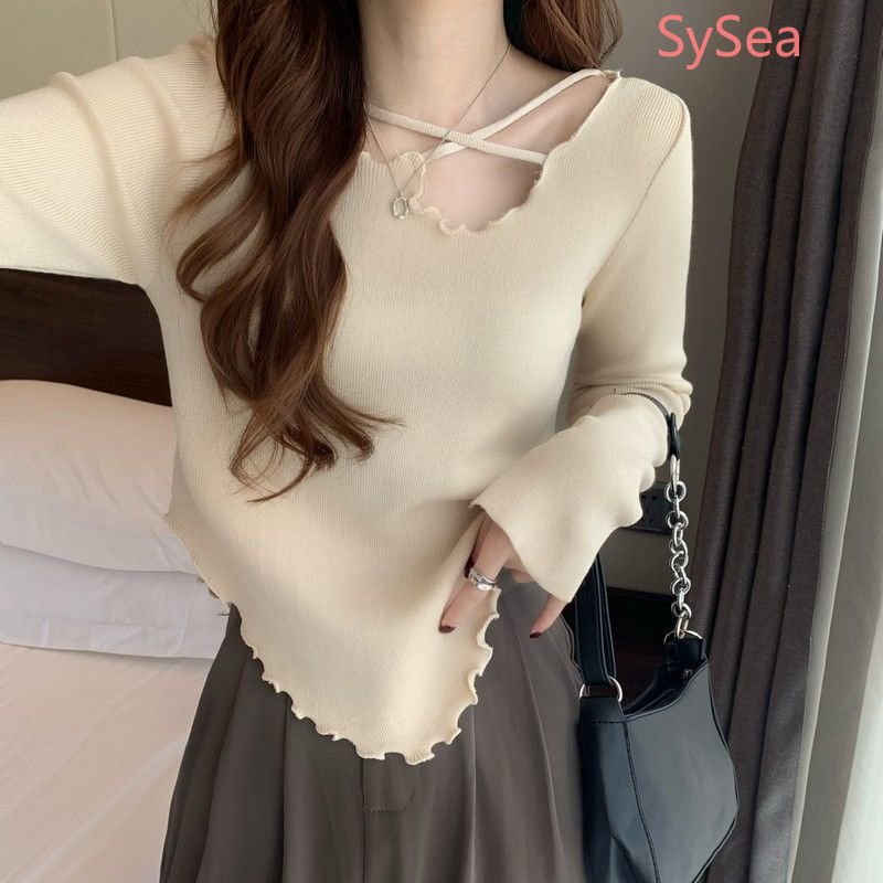 Áo Dệt Kim Thiết Kế Bất Đối Xứng Phong Cách Hàn Quốc Quyến Rũ Cho Nữ